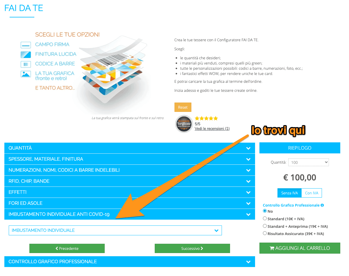 Dove trovare l'imbustamento anti-covid19 nella pagina configuratore di Cardfacile.