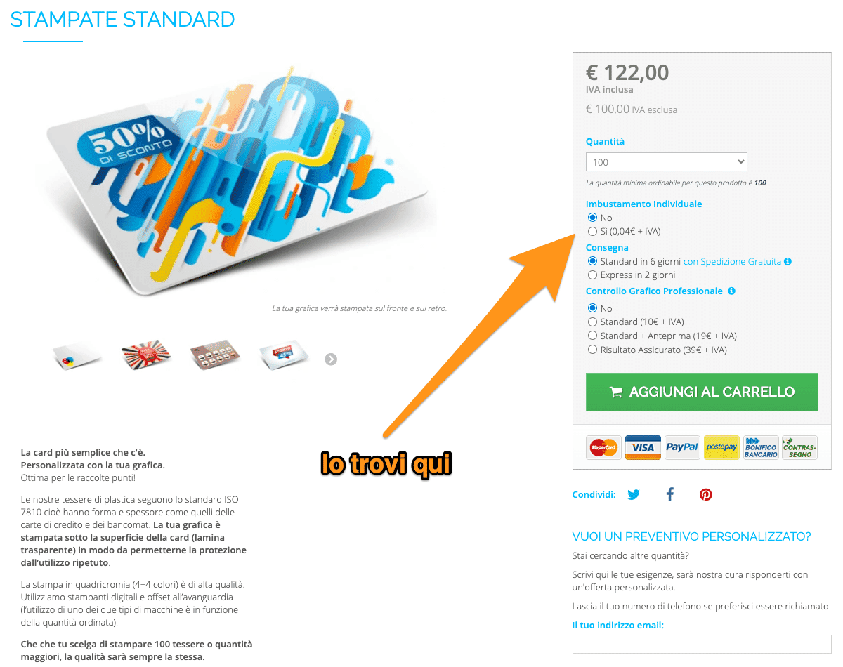 Dove trovare l'imbustamento anti-covid19 in una pagina prodotto di Cardfacile.